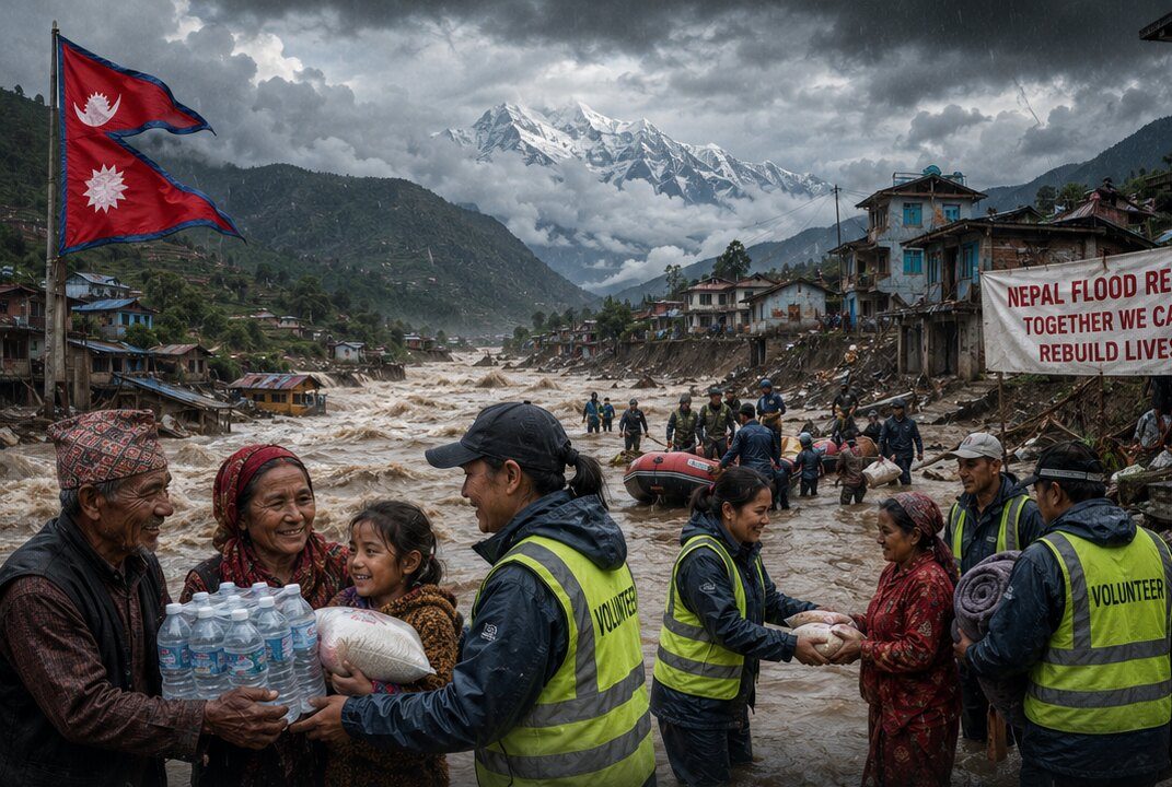 Volunteers handing drinking water, rice and blankets to families standing in flood water in a Nepali village