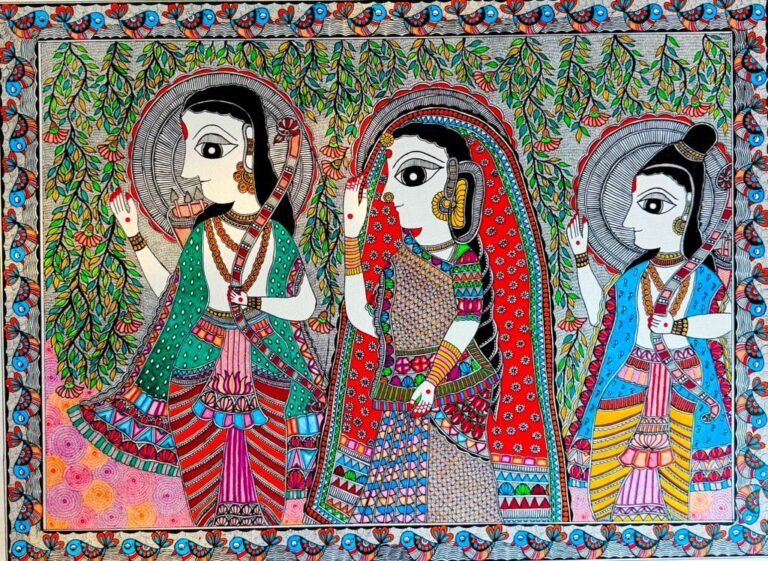 A Mithila Godna inspired Mithila painting featuring a turtle with mandala-like circular patterns filled with animal motifs, symbolizing cosmic cycles, mythology, and interconnected life through the story of Raja Sahlesh.