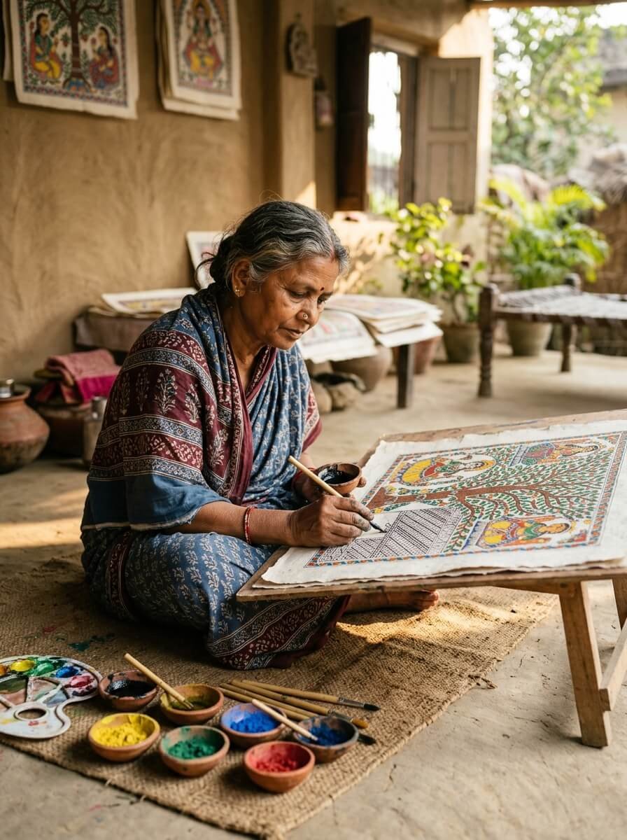 Mithila artist creating traditional artwork representing AAPI cultural heritage
